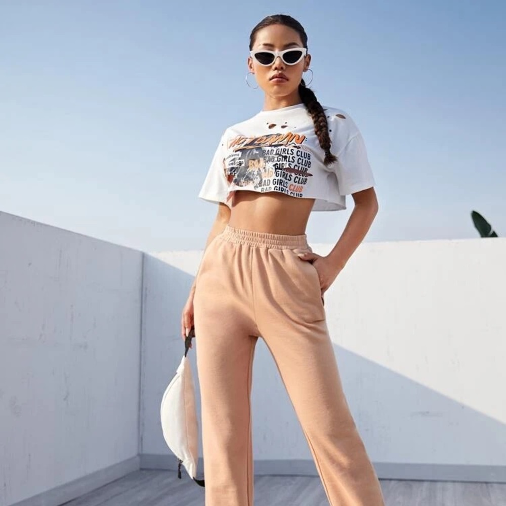 White Graphic Ripped Crop Top